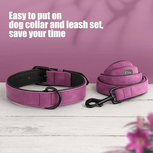 PU Leather Dog Collar and Leash Set (M: Neck 11-15", Width ¾" / Purple Set)