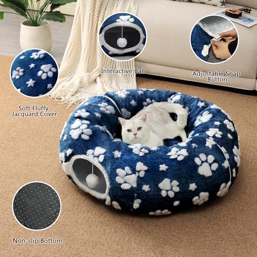 Cute Round Cat Tunnel for Indoor Cats (Blue Paw / Round)