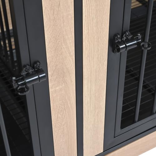 XL Double Dog Crate Furniture for Large Dogs Two Room Kennel with Trays (121 Inch Natural)