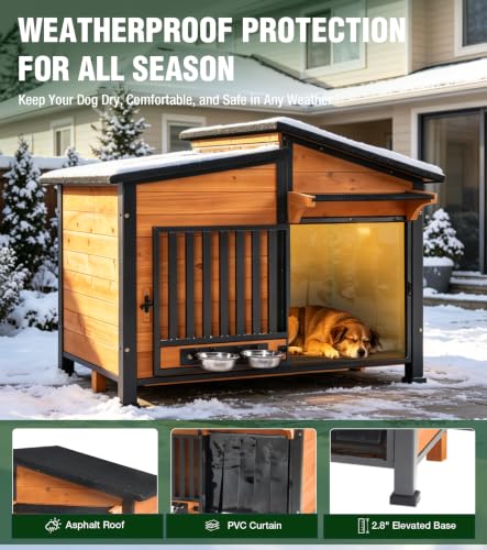 Heated Dog House Outdoor with Iron Frame and Rotating Bowls