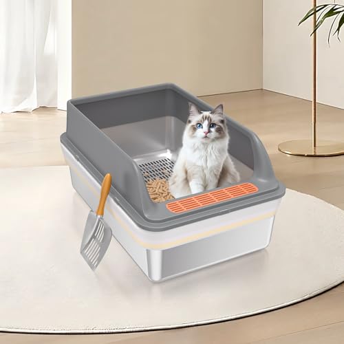 Stainless Steel Sifting Litter Box with Lid (XL:23.6''×15.7''×10'')