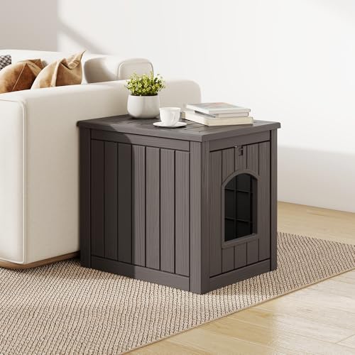 Outdoor & Indoor Dog House for Weatherproof and Stylish Furniture (Deep Grey / 17.7" L × 22.8" W × 21.7" H)