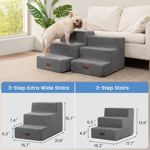Dog Stairs for Small Dogs (Grey / Wider 3-Step 15.7" H)
