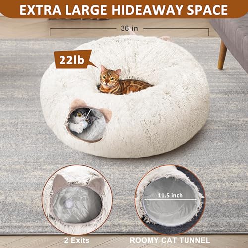 Cat Tunnel with Cat Bed for Indoor Cats (Cream white)