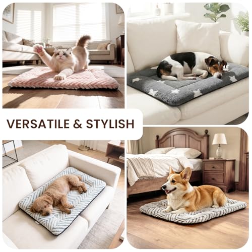 Cat Beds for Indoor Cats Washable Cat Mat Bed Flat Dog Crate Pad (22''L x 13''W x 1.5''Th / V: Chevron Grey)