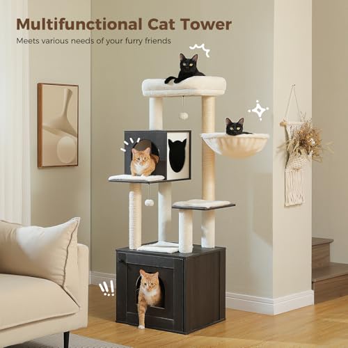 57.5" Cat Tree with Litter Box Enclosure (Black / XL(18.9"L x 18.9"W x 57.5"H))