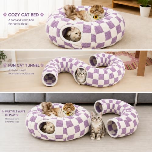 Cat Tunnel Bed with Washable Cushion for Indoor Cat (Purple)
