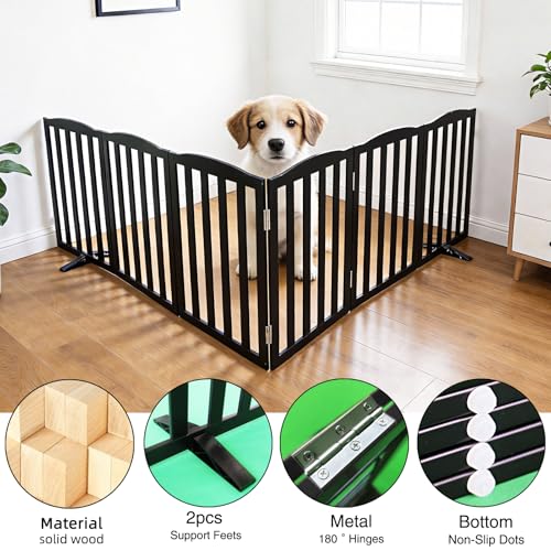 Foldable Freestanding Indoor Dog Gate for House Wood White Long Pet Gates Dog Fence for Stairs Puppy Gates for Hallways (Black / 【6 Panels】120''w X 24''h)