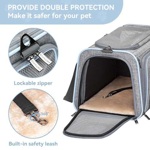 Small Double Expandable Cat Carrier for Kittens and Air Travel (16.0"L x 10.0"W x 9.0"H / Light Grey)