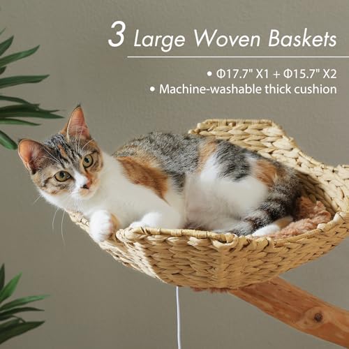 Modern Cat Tree with Real Wood&Wicker Basket for Large Cats Brown (Brown)