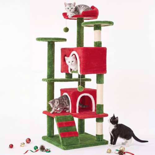 54 inch Cat Tree Tower with Scratching Posts (Red & Green / 54IN)