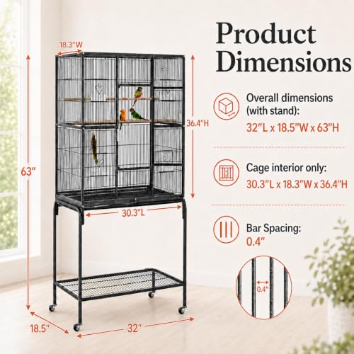 63 Inch Wrought Iron Rolling Large Bird Cage for African Grey Small Quaker Amazon Parrots Canary Bird Flight Cage
