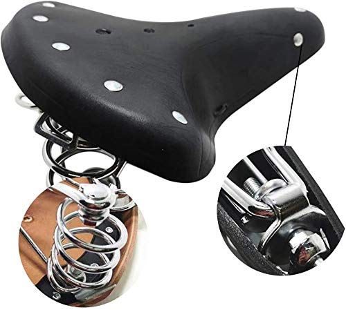 English Vintage Bicycle Saddle Touring City Saddle Comfortable Comfort Leather Bicycle Seat with Spring Rivets for Women Men (Black)