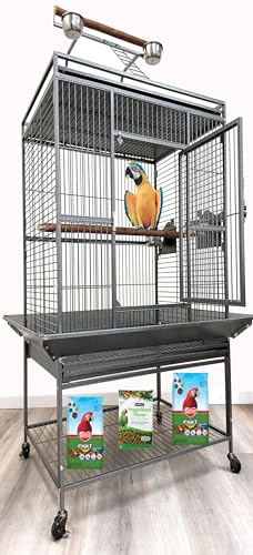 Large Sturdy Wrought Iron Bird Parrot Rolling Metal Cage (24.0"L x 22.0"W x 66.5"H / Black Vein)