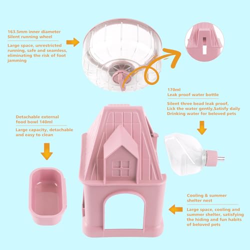 Silent Hamster Wheel Multifunctional Hamster Wheel Quite Running Spinner Wheel Accessories with Food Bowl Water Bottle for Hamsters Dwarf Gerbil (Pink)