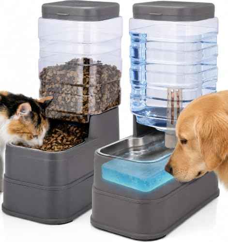 2 Pack Automatic Cat Feeder and Water Dispenser 1.3 Gallon Dog Gravity Food Feeder and Water with Ice Pack Stainless Steel Dry Food and Water Bowl for Small Medium Large Pets (Grey)