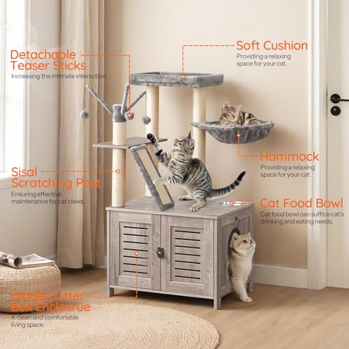 Cat Tree with Litter Box Enclosure (Greige)