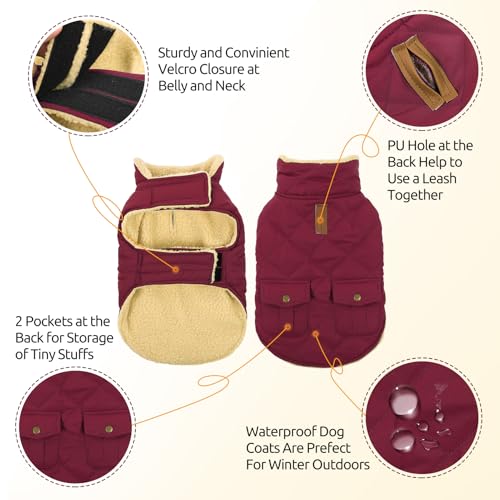 XS Waterproof Dog Winter Coat Plush Lining Warm Puffer Jacket (X-Small / Burgundy)