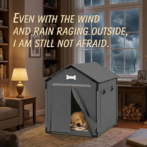 27.6" Dog House Indoor Outdoor Dog Kennel Tent Bed with Door Curtain (Grey / L with Door Curtain: 27.6"L x 21.3"W x 26.8"H)