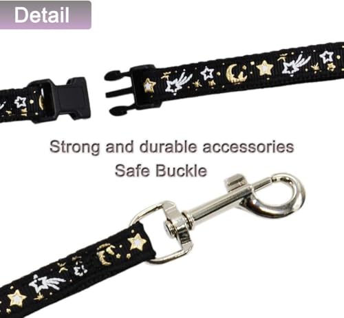Cat Harness and Leash Set for Outdoor Walking Escape Proof Adjustable Soft Safety Strap with Golden Star and Moon Design Glow in The Dark Black (Black / S)