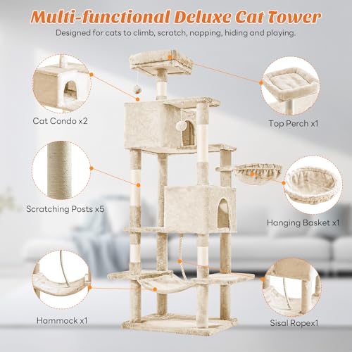 66 Inch Large Cat Tree Tower with Scratching Posts (Beige / 66.9"×18.9"×18.9")