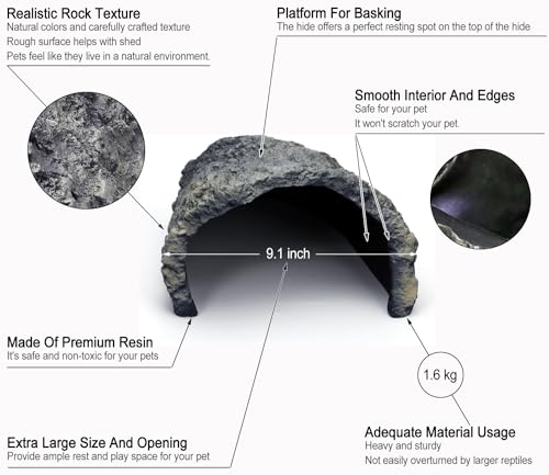 Rock Cave Habitat Hidden for Reptile and Amphibians.Terrarium & Aquarium Decor (Extra Large Size ( Grey ))