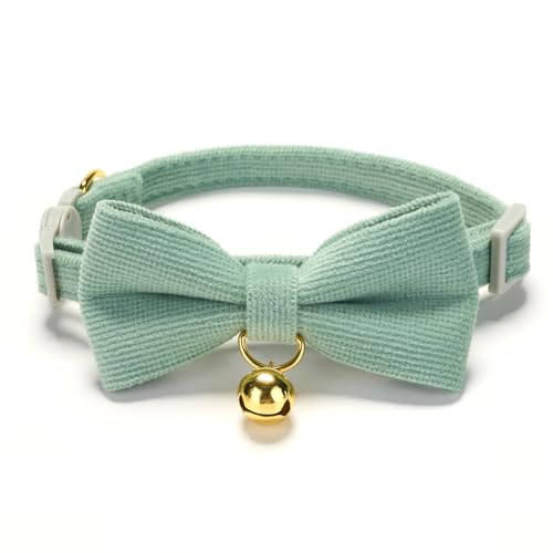 2 Pack Soft Corduroy Cat Collars with Bow Tie & Bell Adjustable Breakaway Kitten Bowtie Collar for Female Male Cats (S:Neck 7.0" - 11.0" / Corduroy-White Grass Green)