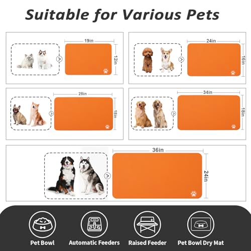 Dog Food Mat Absorbent Cat Mat for Food and Water (Paw Orange / 19"L x 12"W)