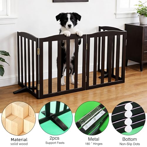 Foldable Freestanding Indoor Dog Gate for House Wood Long Pet Gates Dog Fence for Stairs Puppy Gates for Hallways (Black / 【4 Panels】80''w X 32''h)