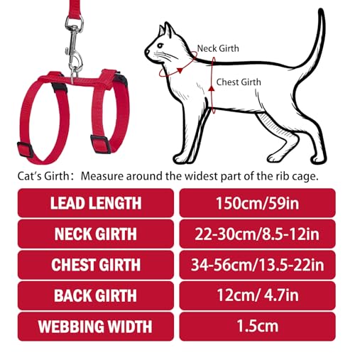 Adjustable Cat Harness and Leash Set Escape Proof Kitten Strap Collar for Walking Travel (Medium / Red)