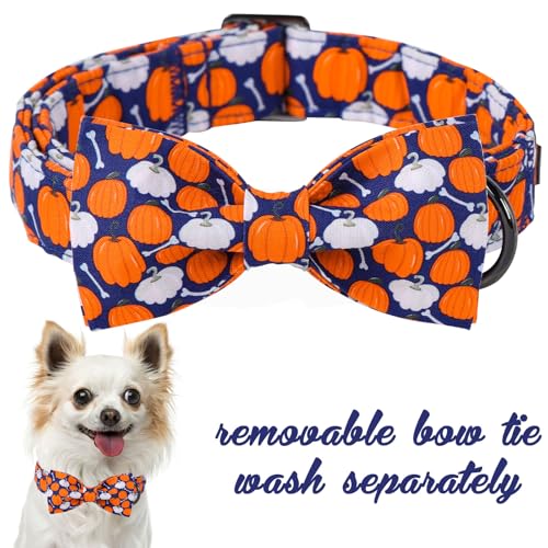 Halloween Day Dog Collar with Bow Bone Pumpkin Cotton Dog Collars for Small Medium Large Dogs (Extra Large / Bone pumpkin)