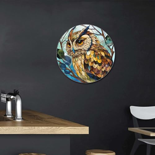 Metal Sign Tin Sign Circular Stained Glass Owl Bathroom Signs for Home for Garden 12×12 Inches (12×12 Inches / Owl-3)