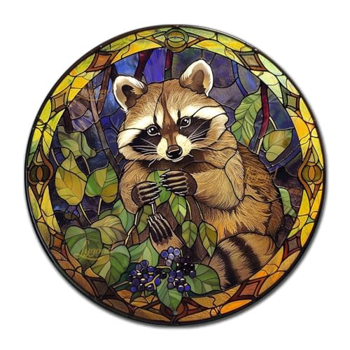 Metal Sign Tin Sign Circular Stained Glass Raccoon Minimalist Wall Art for Club 8×8 Inches (8×8 Inches / Raccoon-2)