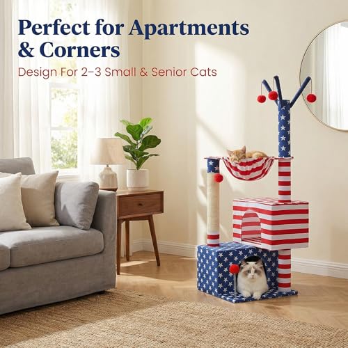 American Flag Cat Tree for Kittens & Senior Cats (Patriotic Red White & Blue / 45 inches)