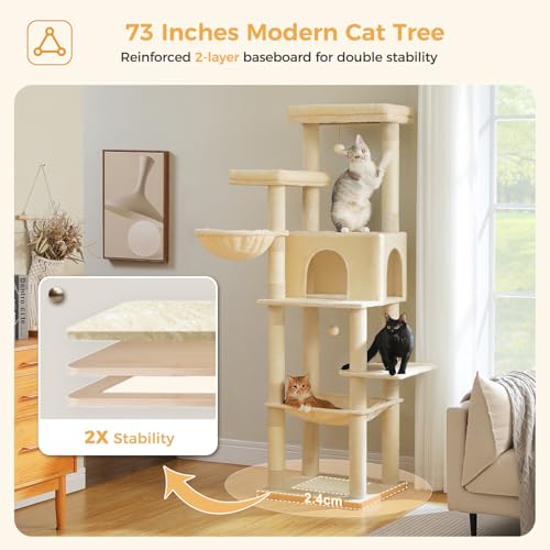 73" Cat Tower for Large Cats with Condo and Scratching Posts (Beige / 73")