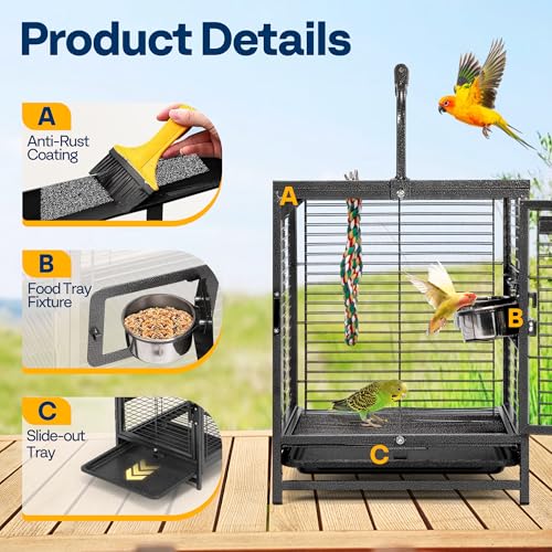 19 Inch Wrought Iron Travel Bird Cage for Cockatiel Parakeets (Black)