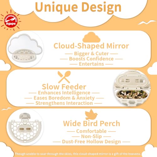 Parakeet Mirror with Perch & Slow Feeder (Ivory / 7.28" L x 3.5" W x 5.5" H)