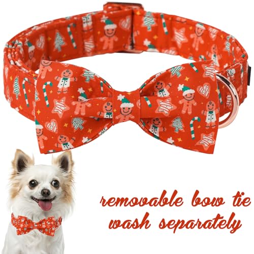 Christmas Day Dog Collar with Bow Red Gingerbred Cotton Puppy Collars for Small Medium Large Dogs (Extra Small / Green hat gingerbread bow)