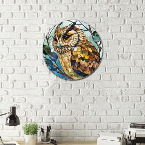 Metal Sign Tin Sign Circular Stained Glass Owl Vintage Metal Sign for Pet 8×8 Inches (8×8 Inches / Owl-3)