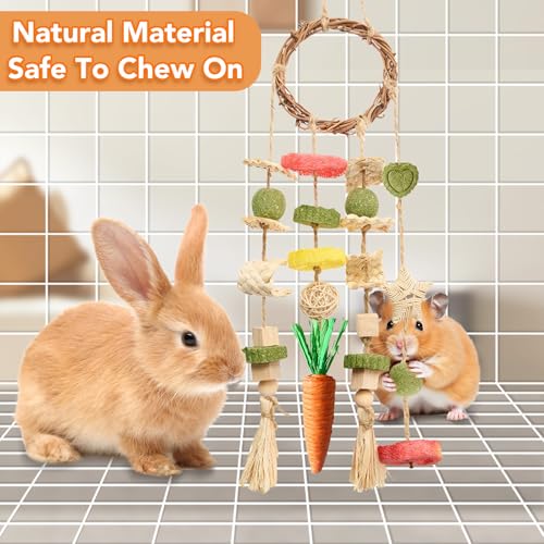 Rabbit Chew Toys Bunny Cage Hanging Toy and Treats Rattan Ring with Snacks for Rodent Pets Teeth Healthy (1 count)