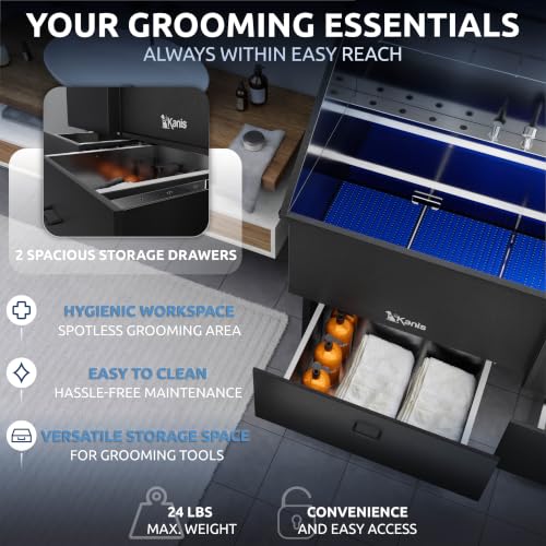 Professional Dog Washing Station 304 Stainless Steel Pet Wash Sink (Black, Right Ramp, 2 Drawer / 61 Inches)