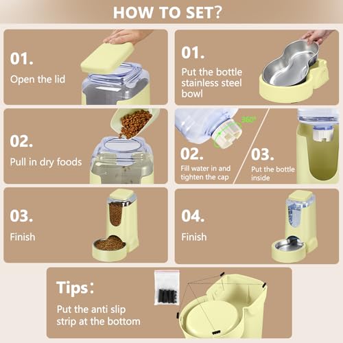 Portable Automatic Cat Feeder and Water Dispenser with Stainless Steel Bowl Dog Gravity Food Feeder and Waterer for Small Medium Pets Puppy Kitten 1 Gallon x 2 (Cream Yellow)
