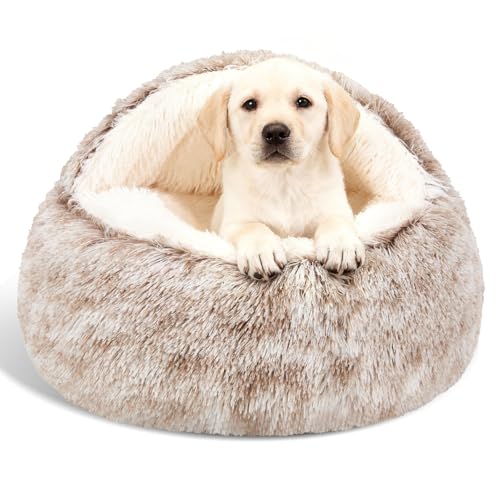 Calming Dog Beds & Cat Cave Bed with Hooded Cover (24.00" x 24.00" x 8.00" / Coffee)