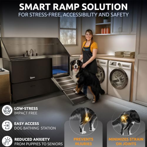 Professional Dog Washing Station 304 Stainless Steel Pet Wash Sink (Black, Right Ramp, 2 Drawer / 61 Inches)