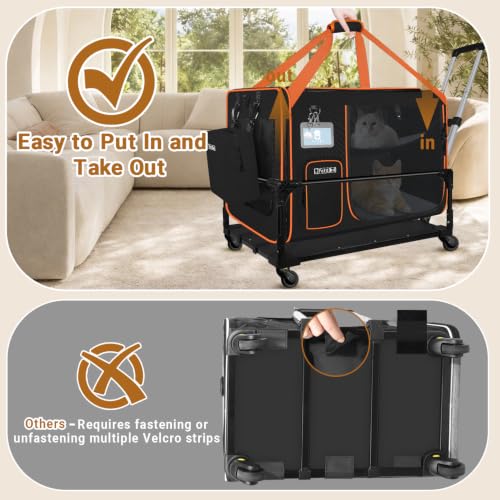 Side Expandable Extra Large Cat Carrier with Litter Box and Wheels (Black with Wheels)
