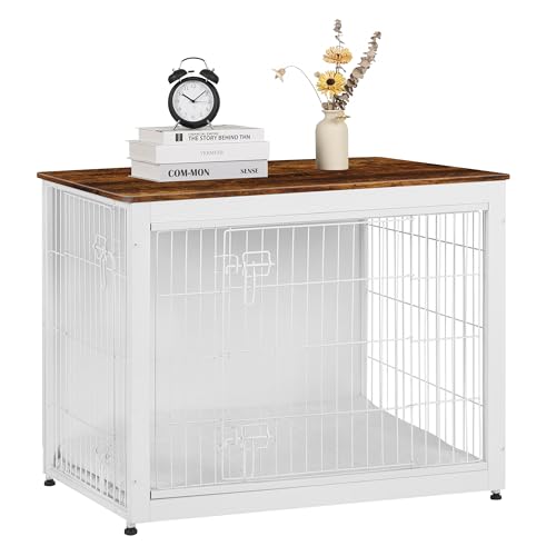38.5" XL Dog Crate Furniture with Cushion (White+Rustic Brown / 38.5"L x 25.6"W x 26.8"H)