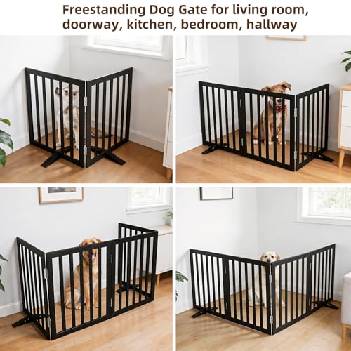 Freestanding Indoor Dog Gate for House Foldable Wood Puppy Gate for Doorways Pet Gate for Stairs Extra Wide Pet Fence (Black / 【2 Panels】40''w x 24''h)