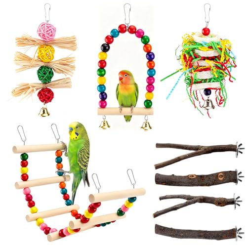 8 Pcs Natural Wood Bird Toys & Perches Set for Cages (brown / Bird Toys & Perches Set)