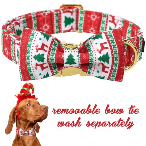 Christmas Day Dog Collar with Bow Christmas Tree Cotton Puppy Collars for Small Medium Large Dogs (Large / red&green bow)