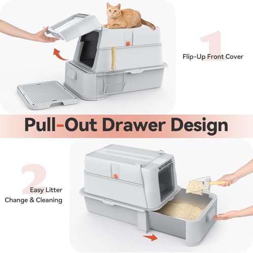 Enclosed Stainless Steel Cat Litter Box with Odor Control (Light Grey)